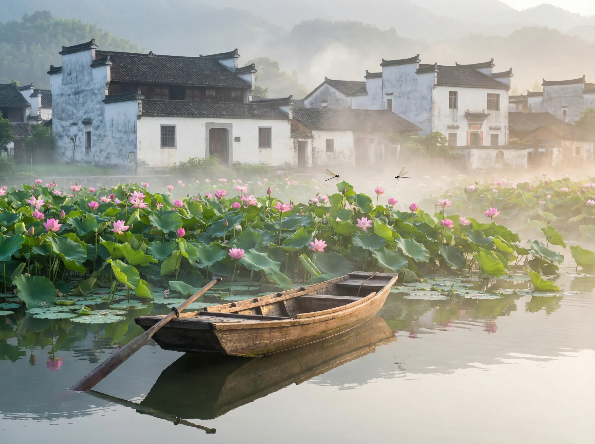 清晨荷塘小舟，粉色荷花盛开，白墙黑瓦的村庄 - 杨钰莹为什么复出 水乡风情